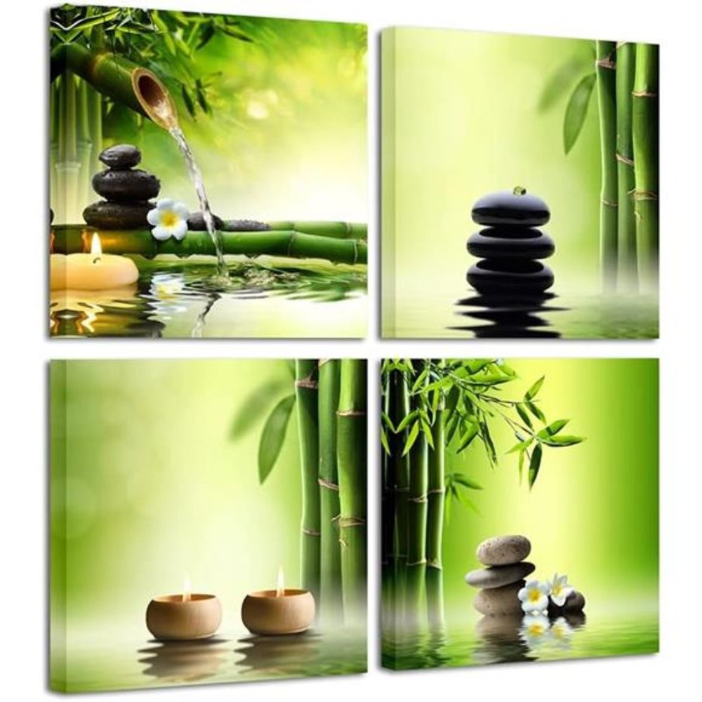 Modern 4 Panel Stretched Contemporary Zen Canvas Prints Perfect Bamboo Green